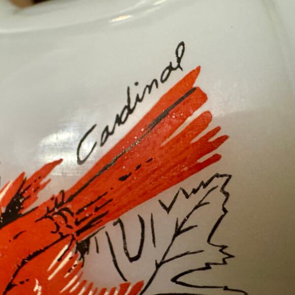 Fire King Milk Glass Bird Coffee Cup Cardinal Oriole Mug Anchor Hocking USA - Picture 9 of 9